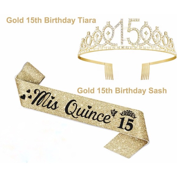 Other - Gold 15th Birthday Tiara and Mis Quince 15 Sash Set Rhinestone Quinceanera